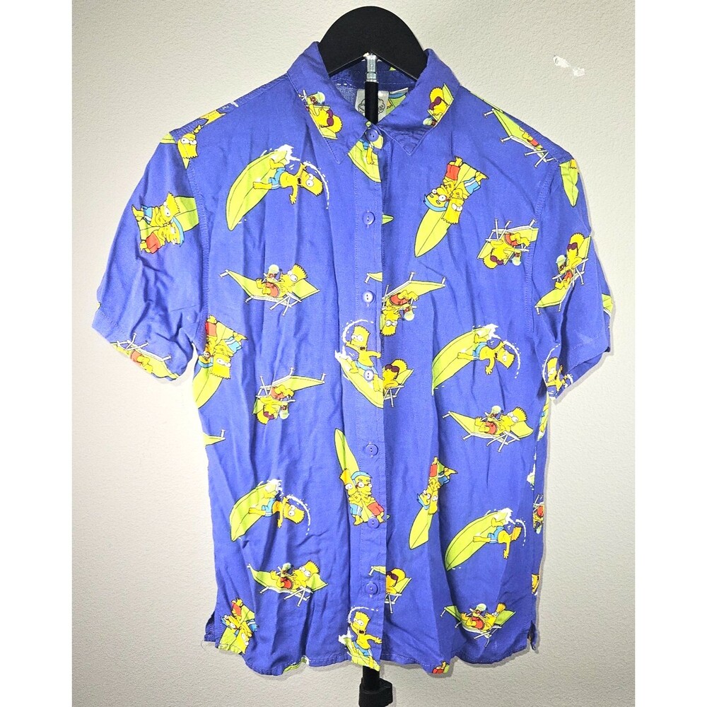 The Simpsons Bart Surf Print Button Front Shirt Womens Small Blue Rayon Top